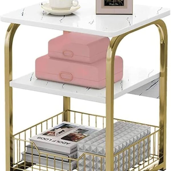 End Table Sofa Side Table Bedside Desk Nightstand with Storage Basket for Living Room Bedroom Office Balcony White Easy to Assemble