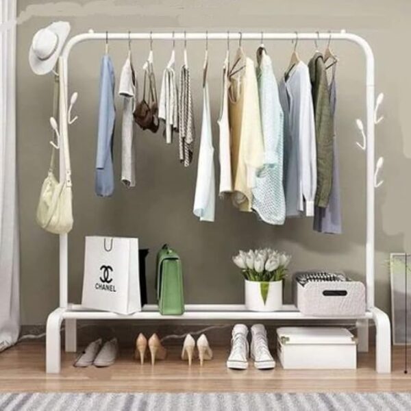 Clothes Stand For Cloth and Coat Hanging - Tree Shaped Holding Hooks for Hat, Towel, and Bags - Metal Garment Cloth Stand and Shoes Rack (125 x 150 x 45 CM, White)